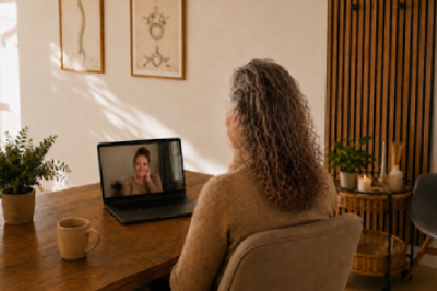 Terapeut ved computer og videoopkald som udøver online terapi